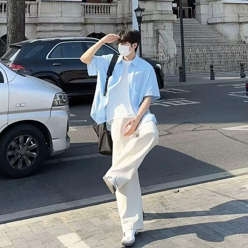 Light Blue Cotton Draped Shirt Short-Sleeved Summer Japanese Style Boyish and Sunny Clean Boys Wear Thin Jacket Light Blue Cotton Draped Shirt Short-Sleeved Summer Japanese Style Boyish and Sunny Clean Boys Wear Thin Jacket