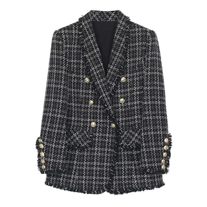 Classic Plaid High-End Black Woven Tweed Small Fragrant Mid-Length Suit Jacket