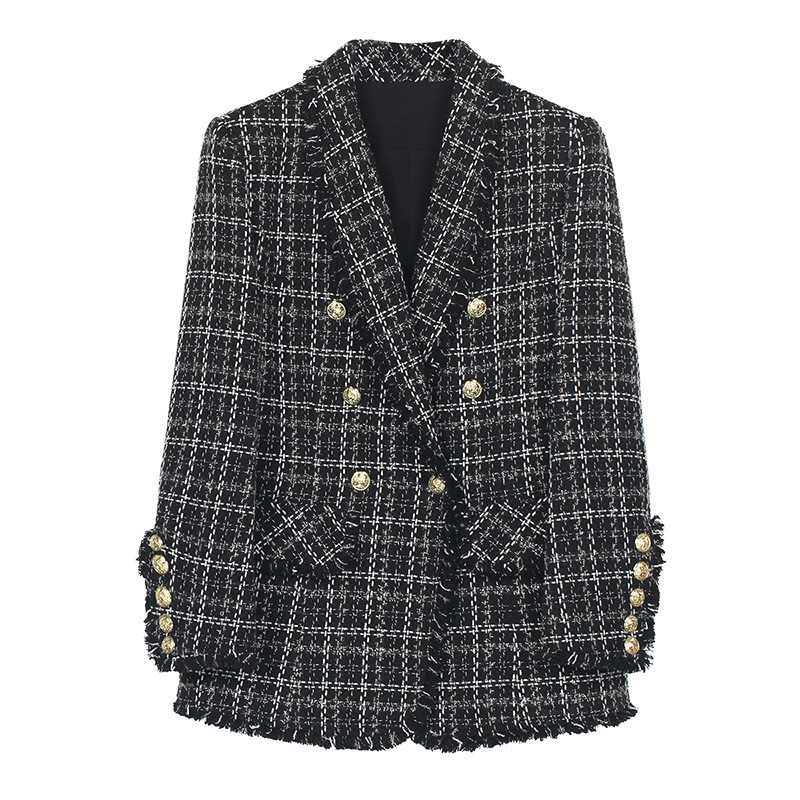 Classic Plaid High-End Black Woven Tweed Small Fragrant Mid-Length Suit Jacket