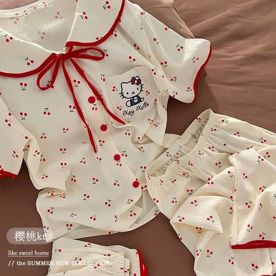 Summer 2025 New Cloud Cotton Loose Top Printed Three-Piece Set Short Pants Pajamas Home Clothes Cartoon Three-Piece Set