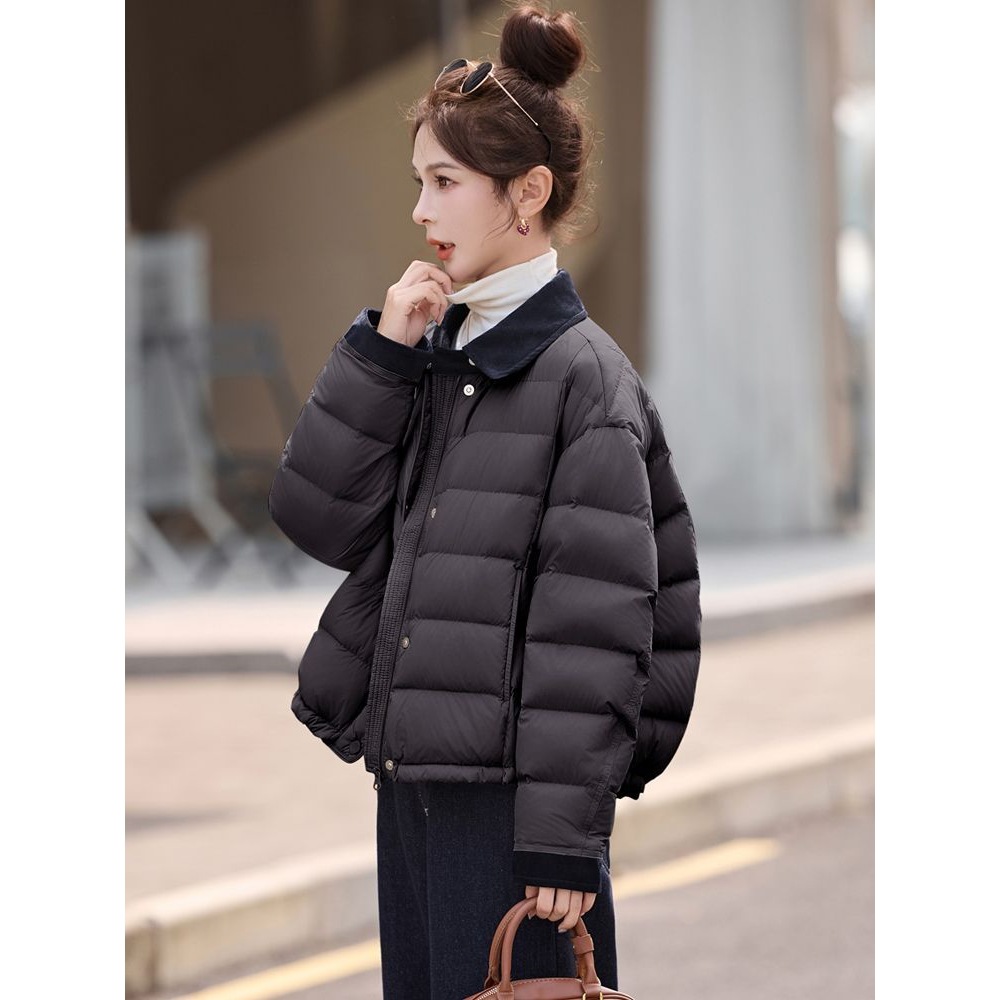 短款羽绒服女2025冬季新款时尚洋气撞色翻领90白鸭绒轻薄保暖外套