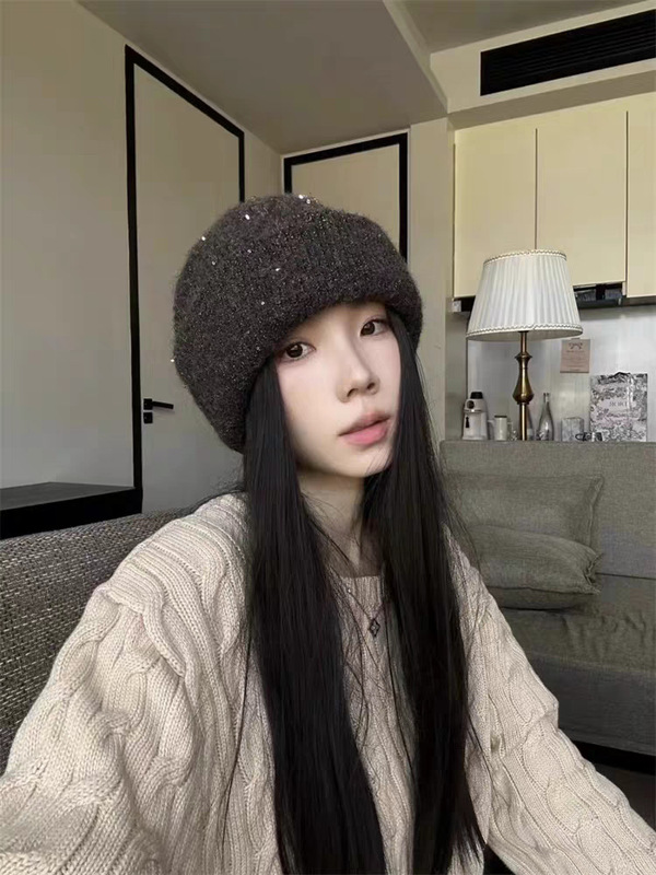 秋冬慵懒风亮片加厚堆堆帽韩系防风保暖套头帽休闲百搭显脸小冷帽|undefined