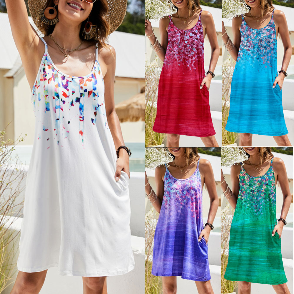2023 새로운 유럽과 미국 여자의 eBay 아마존 wis 여름 포켓 인쇄 원피스 느슨한 슬링 비치 원피스