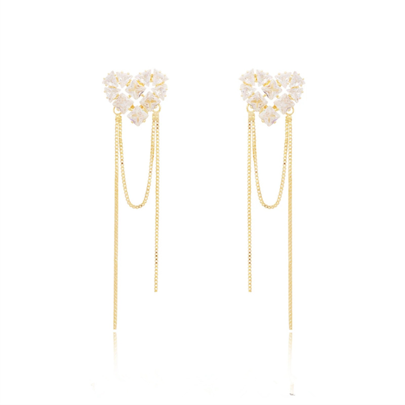 1 Pair Sweet Heart Shape Tassel Inlay Copper Zircon Drop Earrings display picture 3