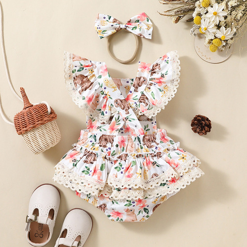 AliExpress Amazon Baby Girl Easter Rabbit Lace Sleeve Three-Layer Cake Triangle Climbing Suit + Headband