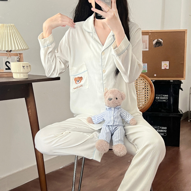 跨境直播睡衣女春秋云朵棉翻领开衫长袖长裤卡通甜美家居服女套装|undefined