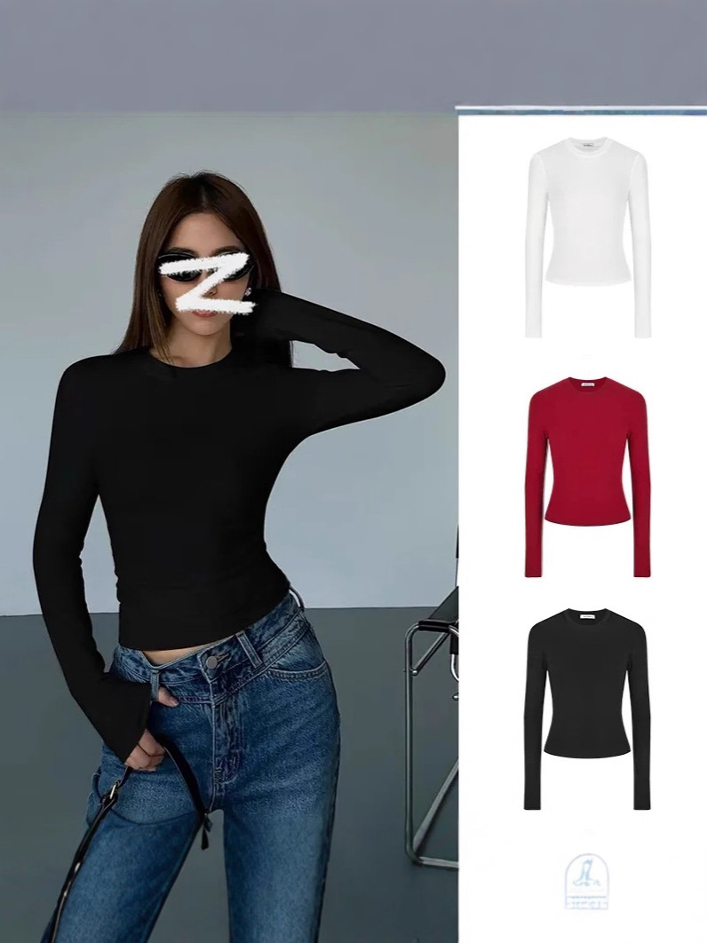 Petite Short Round Neck Long Sleeve T-Shirt 2025 New Base Shirt Women Slim Fit Stretch Versatile Regular Shoulder Top Ins