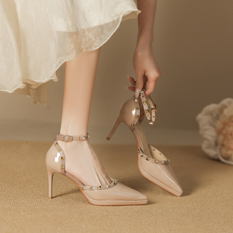 8088-23 One-word Waterproof Platform Baotou Hollow Sandals Women's Sexy Pointed Stiletto Rivet High Heels Not Tired Feet