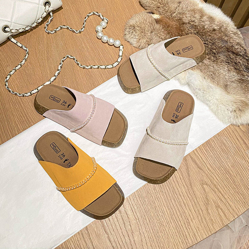 Dép sandal nữ quai ngang đế dày bằng gỗ bần, mũi vuông, đi ngoài trời — Màu khoai môn, Màu vàng gừng, Màu xám nhạt