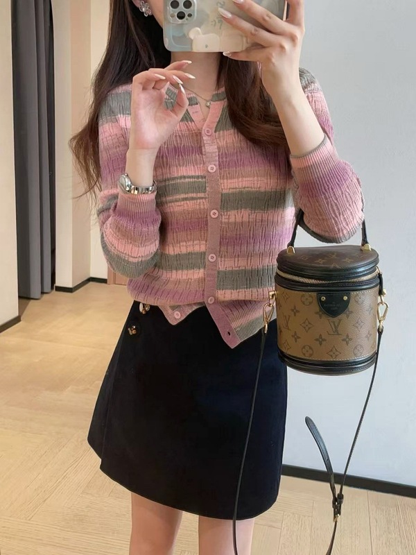 时髦显瘦花色条纹衫羊毛混纺竖坑条短款针织开衫女2025秋G092401|undefined