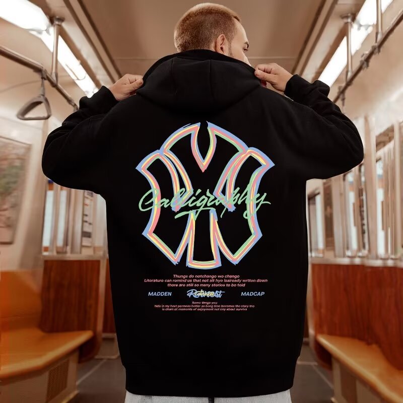 2024 American Fashion Brand Cartoon Printed plus size Shoulder Hooded Sweatshirt Men's Winter fleece-lined Thickened Loose Top Clothes