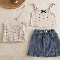 女童開衫套裝2024夏季新款韓版防曬外套可愛辣妹蝴蝶結吊帶百搭款