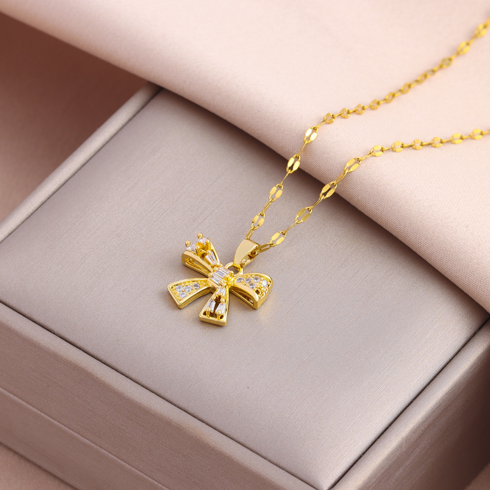 Collana con fiocco, orecchini da donna, leggeri, di lusso, in acciaio al titanio di alta qualità, con clavicola, orecchini a bottone, set di gioielli_voghion.com