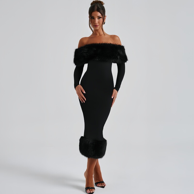 European and American Style Women's Clothing 2025 Autumn and Winter New Fashion Elegant One-Shoulder Slim Evening Dress Long-Sleeved Fur Collar Dress