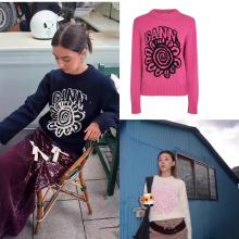 北欧女装太阳花字母提花羊毛混纺圆领套头毛衣女2025年早春新款