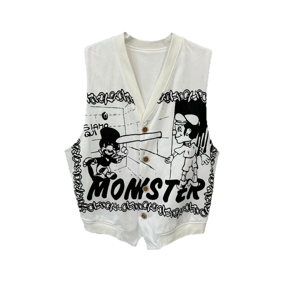 2025 primavera y verano nuevo diseño de nicho de dibujos animados Pinocho chaleco con cuello en V estampado chaleco casual sin mangas top marea