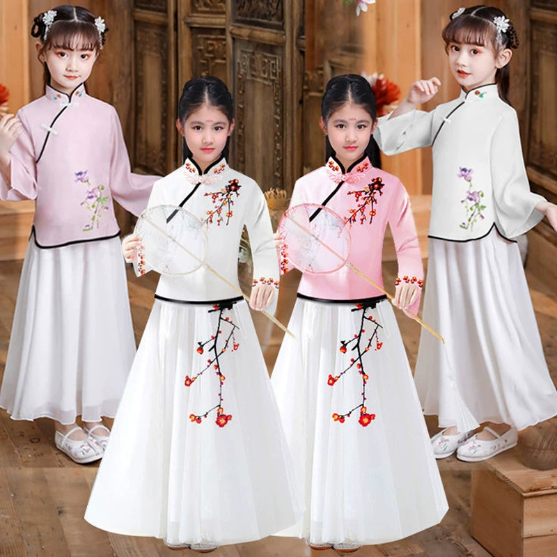 Детский древний костюм, улучшенное весенне-летнее платье принцессы ханьфу, платье феи, сценическая одежда в китайском стиле с вышивкой