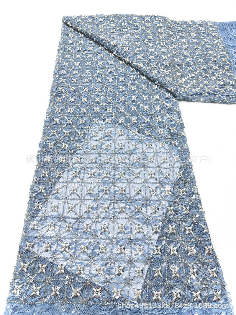 Blanco pesado clavos de cuentas sequinilla tela de encaje cuadrilátero cosido a mano perla sequinilla vestido tela