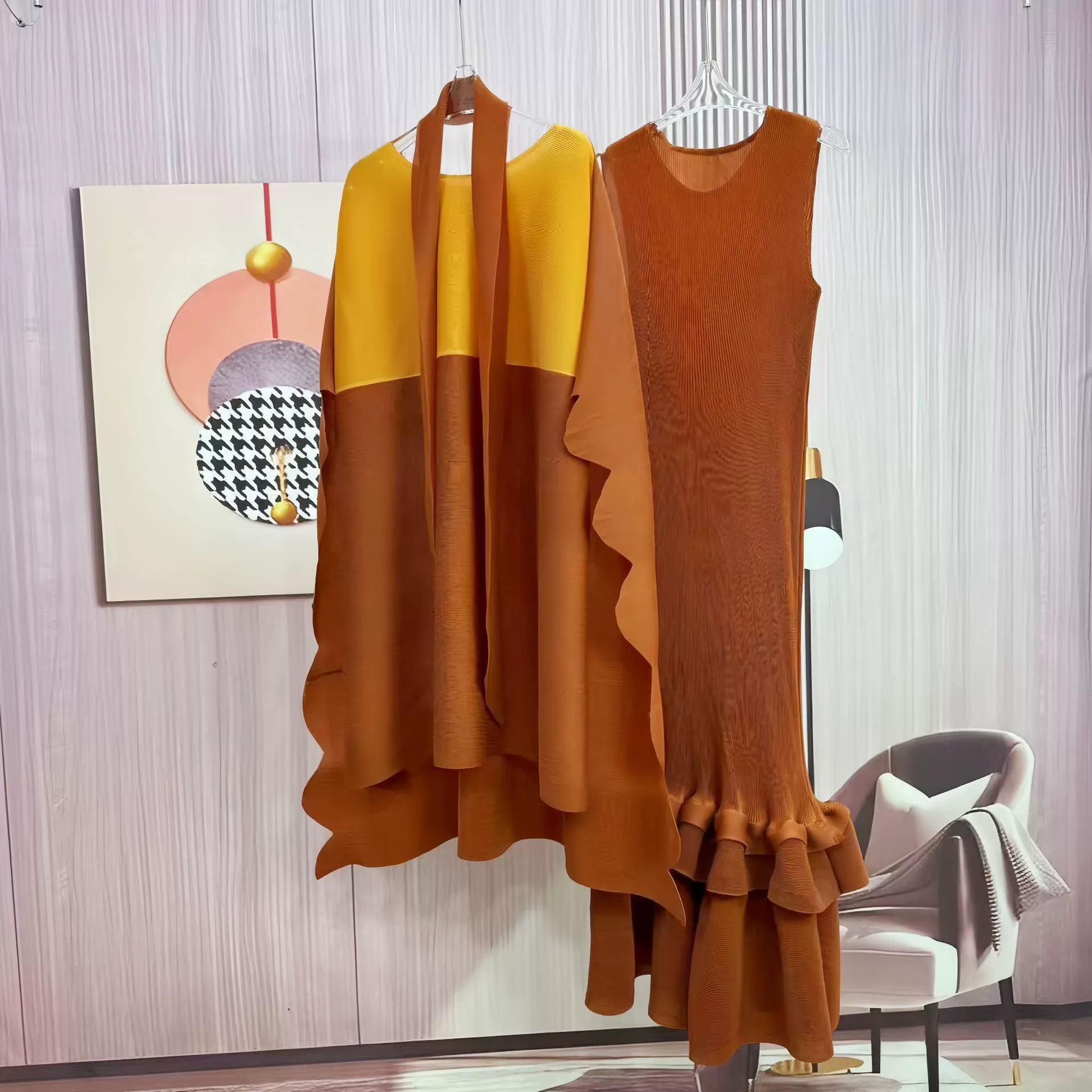Двухпредметный комплект Miyake, большой размер, рюши, круглый вырез с подкладочной юбкой, one size