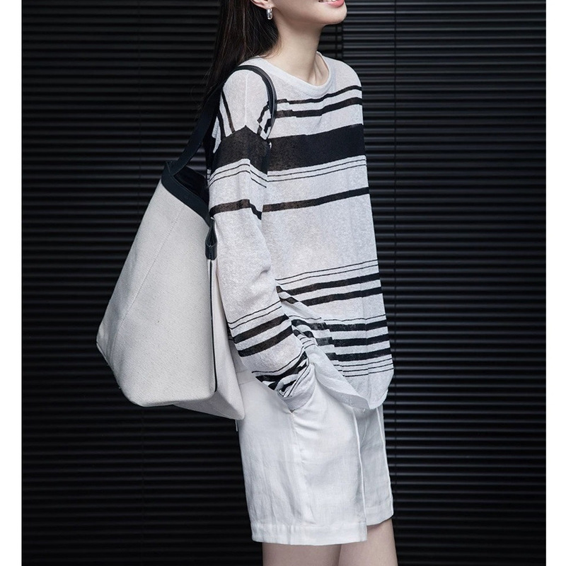 Moment Black and White Striped Long-Sleeved Knitted T-Shirt for Women 2026 New Style Loose and Lazy Style with a Unique and Good-Looking Relaxed Vibe Moment Black and White Striped Long-Sleeved Knitted T-Shirt for Women 2026 New Style Loose and Lazy Style with a Unique and Good-Looking Relaxed Vibe