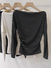 2025早秋新款韩版时尚一字领条纹薄款长袖T恤女打底衫小衫上衣潮