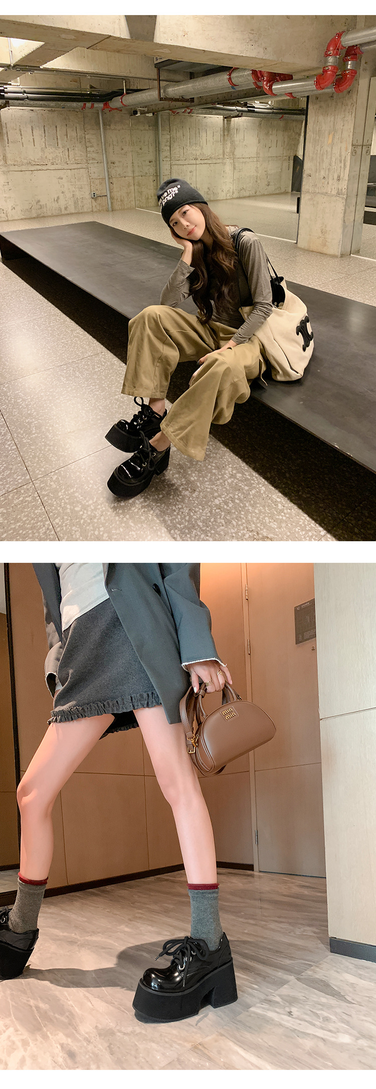 Giày loafer nữ gót vuông 10 cm đế platform dây buộc mũi sâu — màu đen chi tiết 13