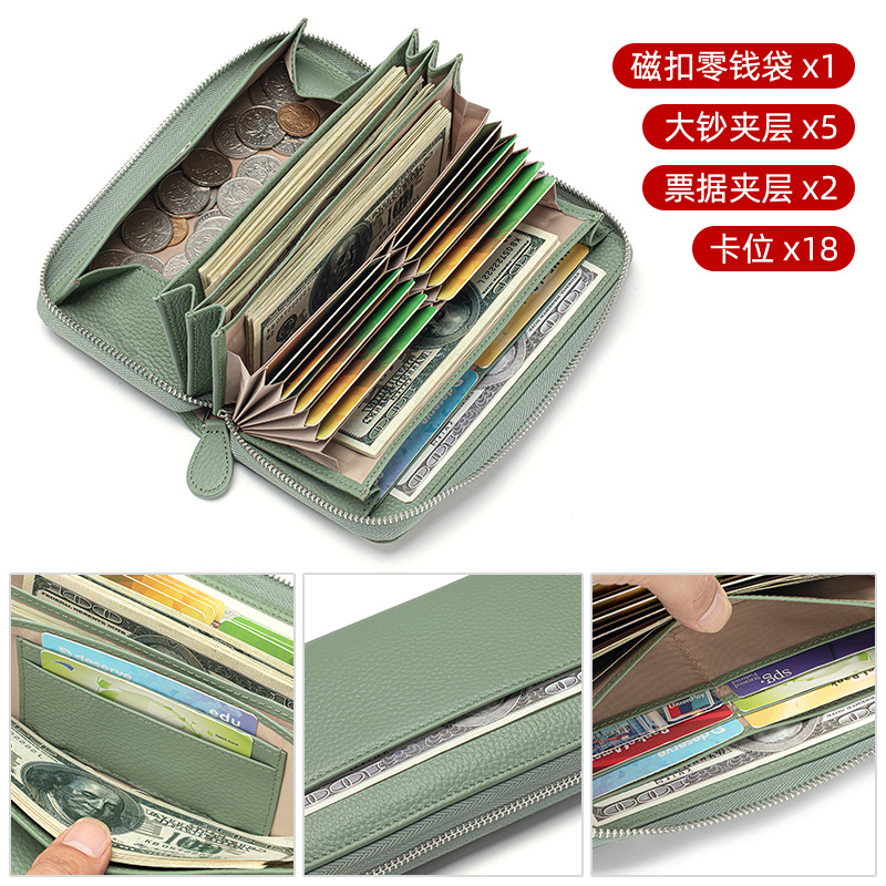 Ví cầm tay nữ da bò dạng phong cầm khóa kéo dài nhiều ngăn thẻ dung tích lớn — Xanh lá (Da bò thật trong ngoài), Đen (Da bò thật trong ngoài), Trắng kem (Da bò thật trong ngoài), Xanh dương (Da bò thật trong ngoài)