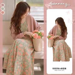 2025超火開春着セット女性優しい風減齢痩せ花ワンピースニットカーディガン2点セット