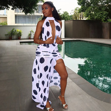 欧美风跨境黑白波点女装开叉印花街头不规则裙高领系带露背连衣裙