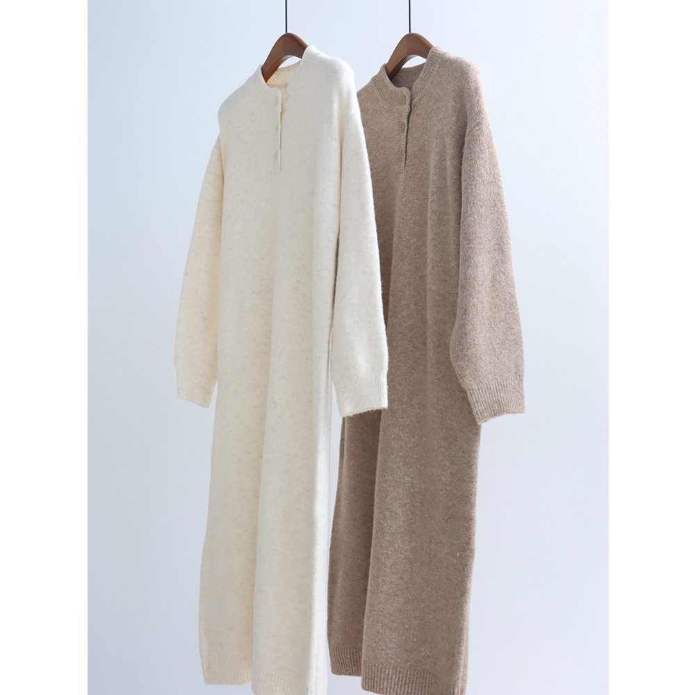 中式立领糯米绒长袖连衣裙秋冬软糯厚实针织裙直筒宽松中长裙打底