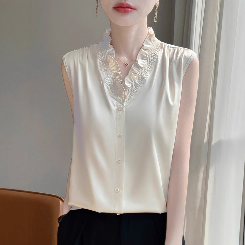 High-Quality Faux Silk Versatile Ruffled Edge Tank Top Blouse for Women, New Summer French-Style Lace Satin Sleeveless Fashion Top