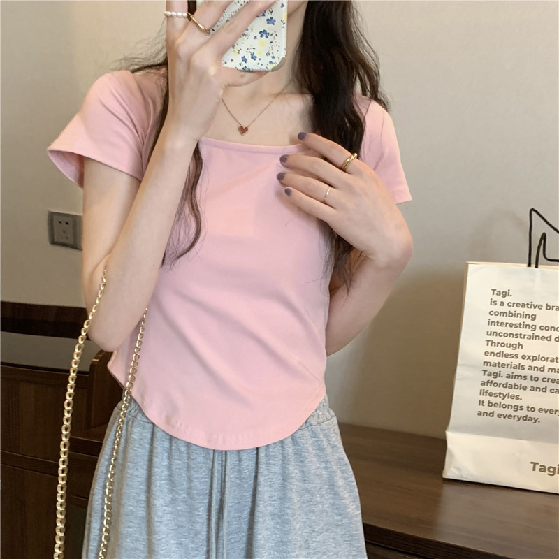 175g Weight Short Sleeve Sleeve Length Polyester Fabric Type Short Top Length T-shirt Tops Type Casual, Daily Occasion Square Neck Neckline Slim Fit Type Solid Color Pattern Spring, Autumn Season Women's Gender Casual, Simple Style Style Wholesale Women's Casual Simple Style Solid Color Short Sleeve T-Shirts 2