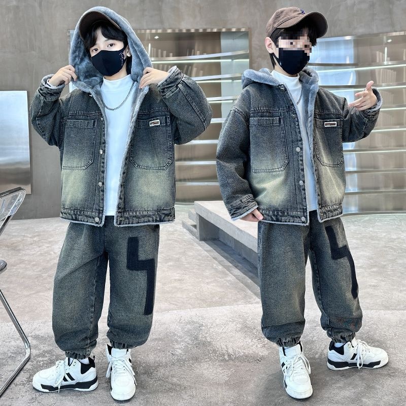 男童冬装加绒外套酷帅韩版2025新款中大童冬季加厚牛仔两件套洋气
