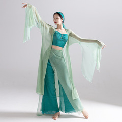 Summer thin, wide-sleeved, ancient-style dance clothes, fairy-like elegant green body, gauze vest, wide-leg pants, oriental classical dance