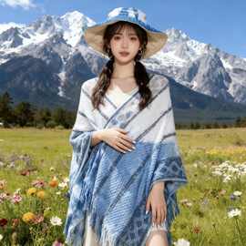 云南大理手工扎染开叉披肩手工蓝染斗篷针织毛线围巾植物染板蓝根