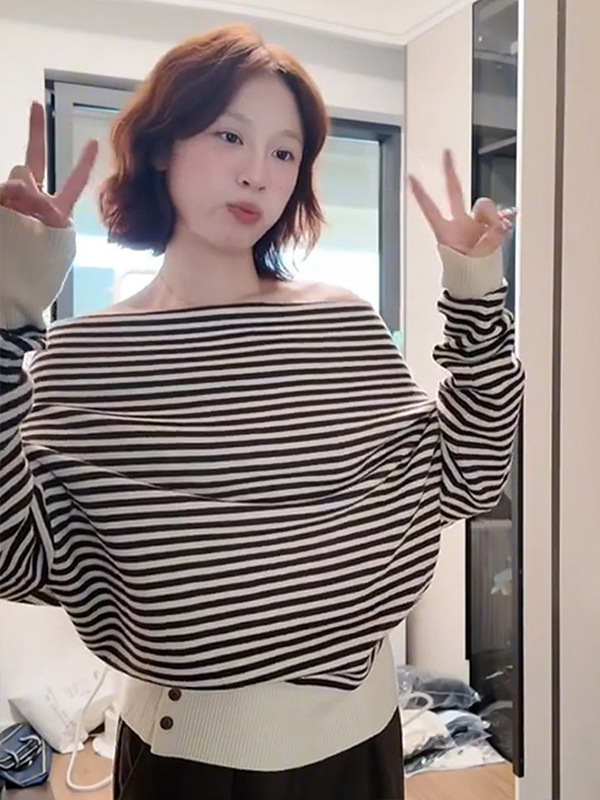 复古设计感一字肩条纹上衣女2025新款早秋韩系休闲慵懒风针织毛衣|undefined