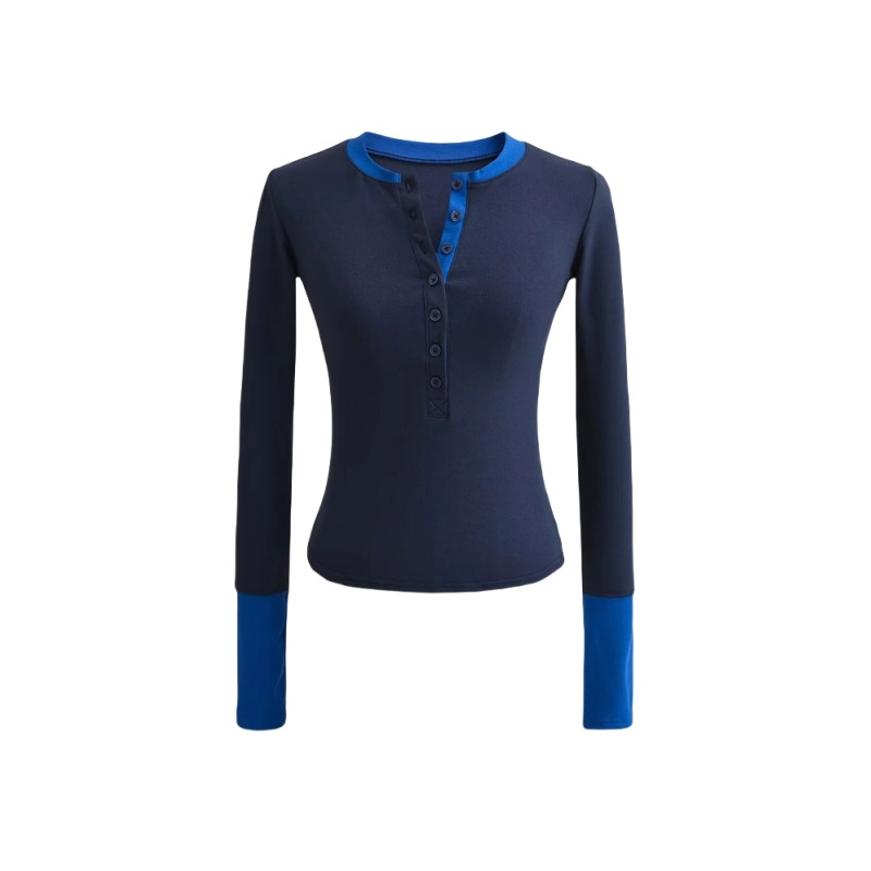 设计感圆领半开扣修身打底衫假两件小众个性拼接撞色辣妹T恤上衣