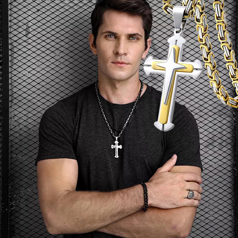 Pendentif croix en titane, trois couches, stéréo, style hip-hop européen et américain, en acier inoxydable cubain, collier carré pour homme_voghion.com