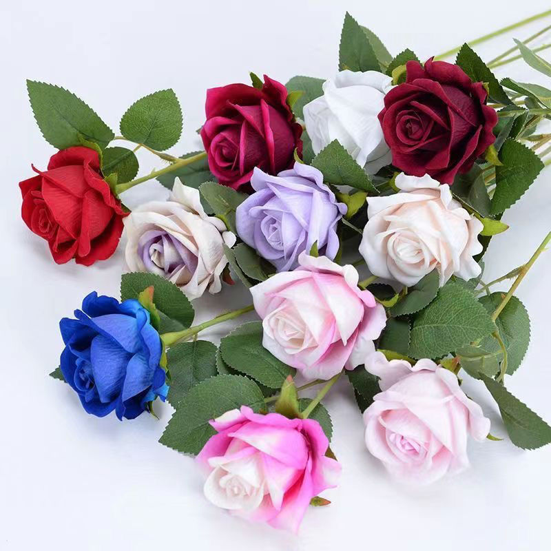 Simulación de flores de rosa única rosa de San Valentín boda en el hogar flores falsas flores artificiales sensación de tela de terciopelo rosa