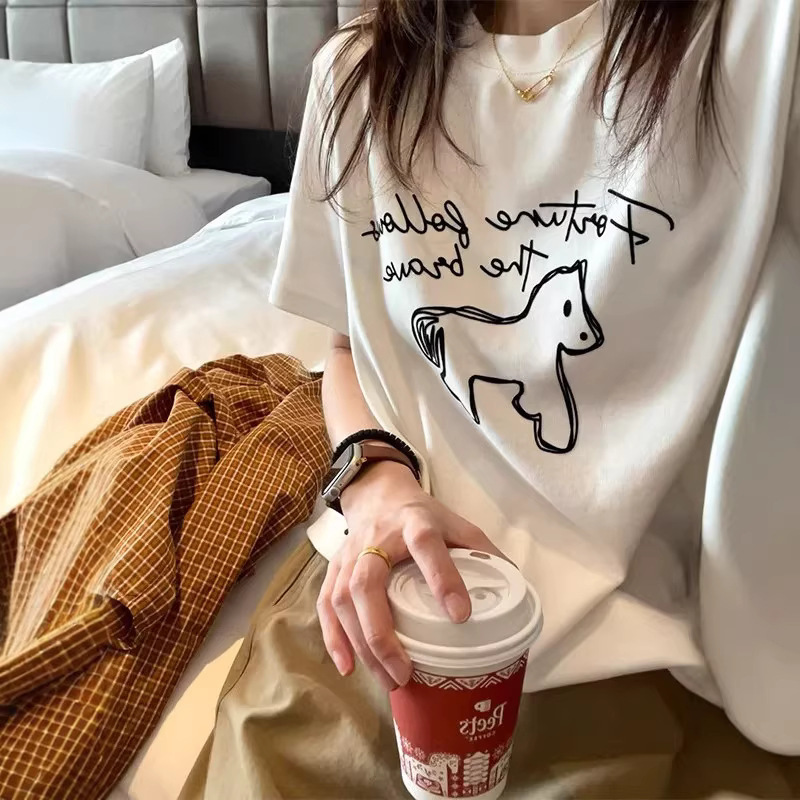 Cartoon Graffiti Print Design Loose-Fitting Top for Women, Summer Pure Cotton Short-Sleeve Versatile Layering Round-Neck Casual T-Shirt for Men