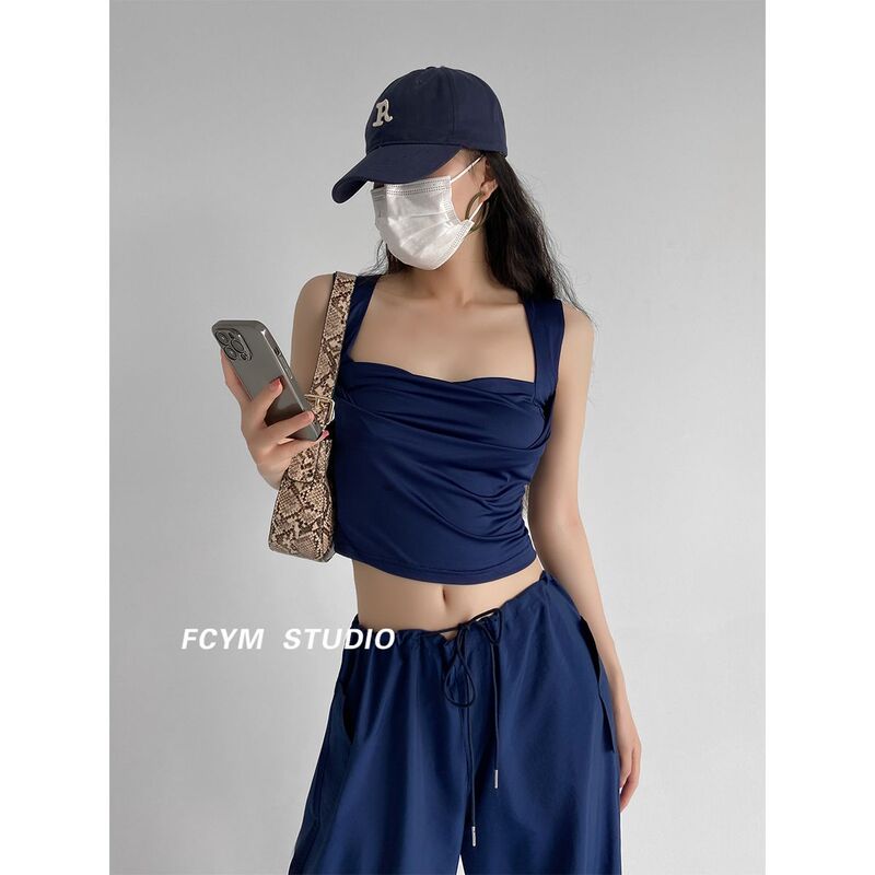 European and American Sexy Tight Slim Square Collar Low-cut Base Vest Women's Summer Hot Girl Short Navel-exposed Pleated Sleeveless Top European and American Sexy Tight Slim Square Collar Low-cut Base Vest Women's Summer Hot Girl Short Navel-exposed Pleated Sleeveless Top