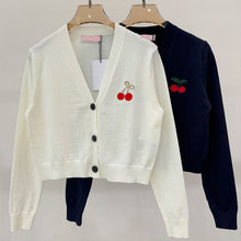 VA华伦家秋季新款V领羊毛针织衫樱桃刺绣经典舒适简约开衫上衣女