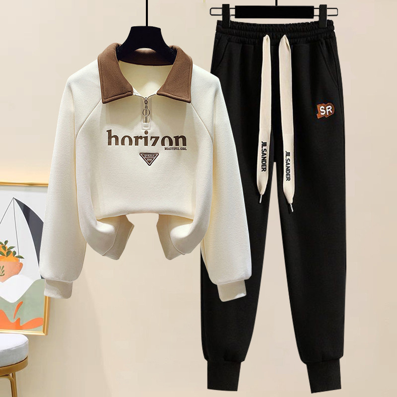 Casual pants suit #2024 Korean version of loose simple printed POLO collar stitching sweater pants two-piece set of fashion