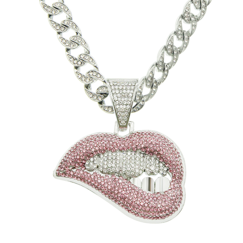 Fashion Personality Pink Lip Diamond Pendant Necklace display picture 2