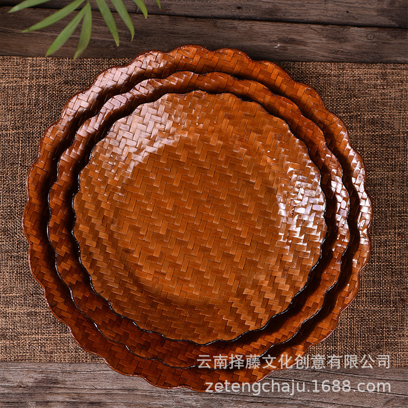 Creative handmade bamboo woven light fruit plate Japanese dried fruit dessert tray flower tea tray plate three-piece set