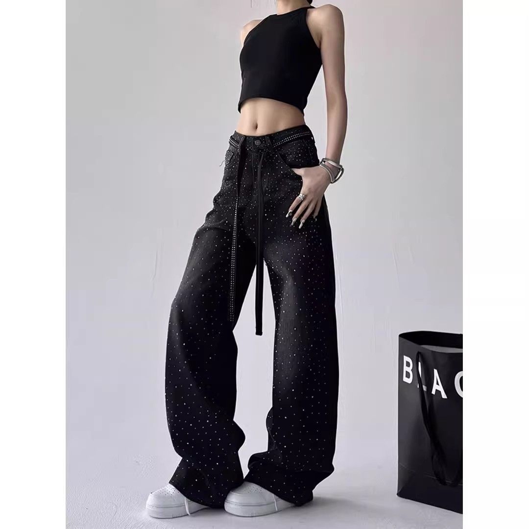 Glam Distressed Wide-Leg Jeans For Women – Dark Gray Star & Diamond Embellished Denim Pants (S-2XL)_mkmklike.com