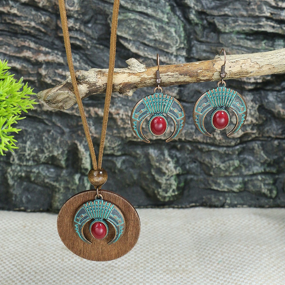 Estilo étnico aleación vintage colgante de madera collar europeo y americano popular antiguo angustiado pendientes geométricos transfronteriza nuevo traje