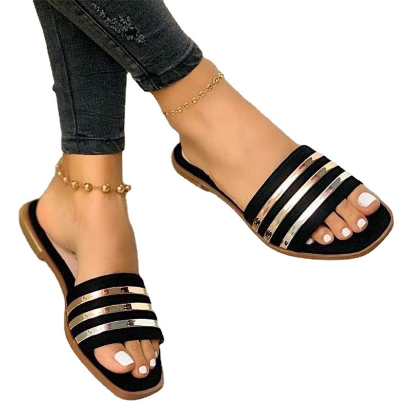 Large African Sandals Women Summer European And American Sequins Flat Bottom Breathable One Line Slippers Women‘s Shoes’