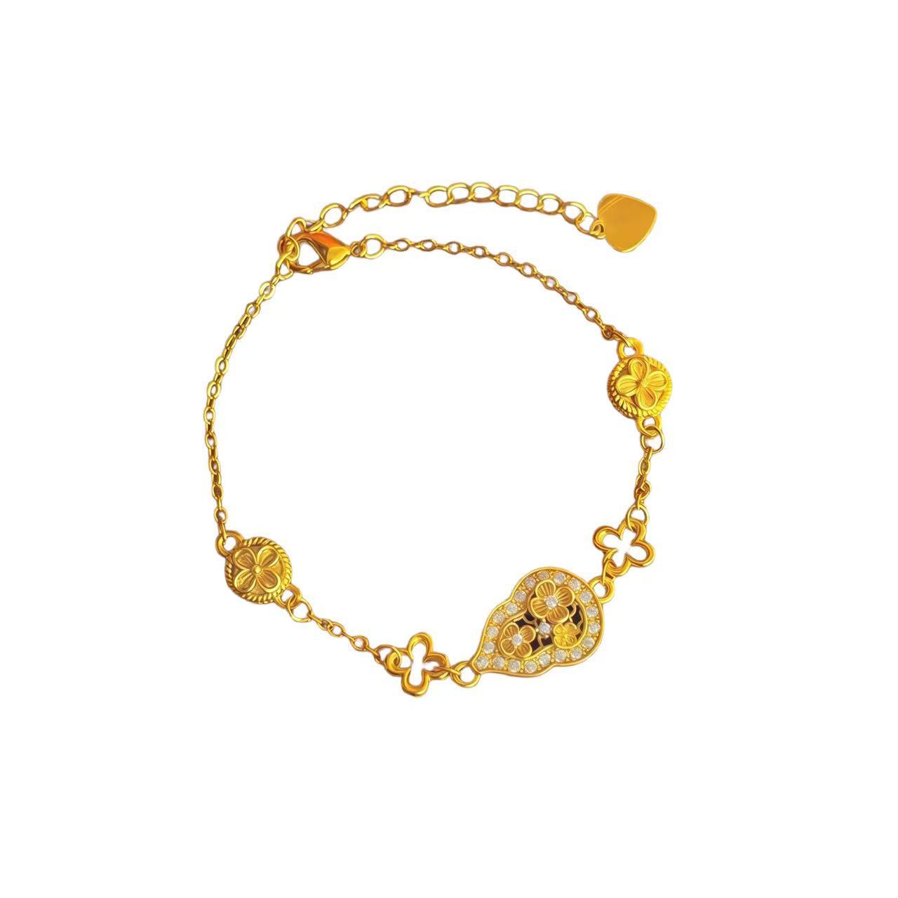 Chinese Style Traditional Gold-Plated Four-Leaf Flower Diamond-Encrusted Gourd Bracelet for Women, Light Luxury Niche Design, Brass Gold-Plated Bracelet Wholesale