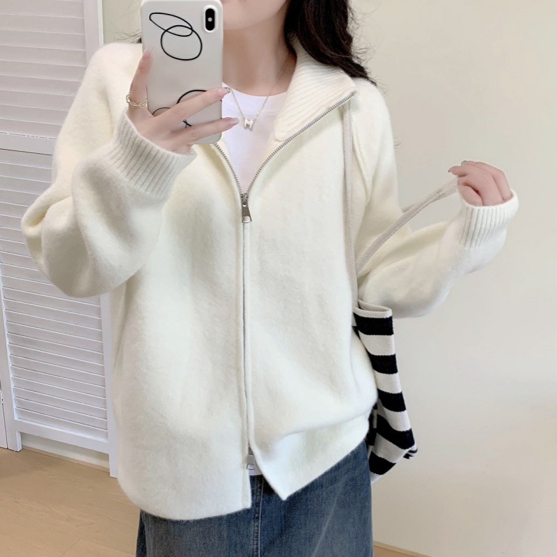 跨境慵懒风毛衣外套女2025秋冬新款韩系纯色立领拉链针织开衫上衣|undefined
